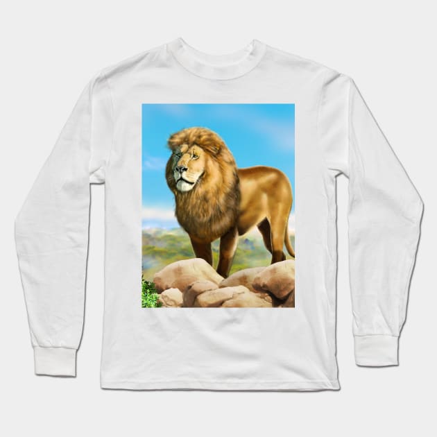 Lion king a wild animal. Wild African lion in nature. Retro style. Realistic Oil painting illustration. Lion Head Wildlife Hand Drawing poster Long Sleeve T-Shirt by sofiartmedia